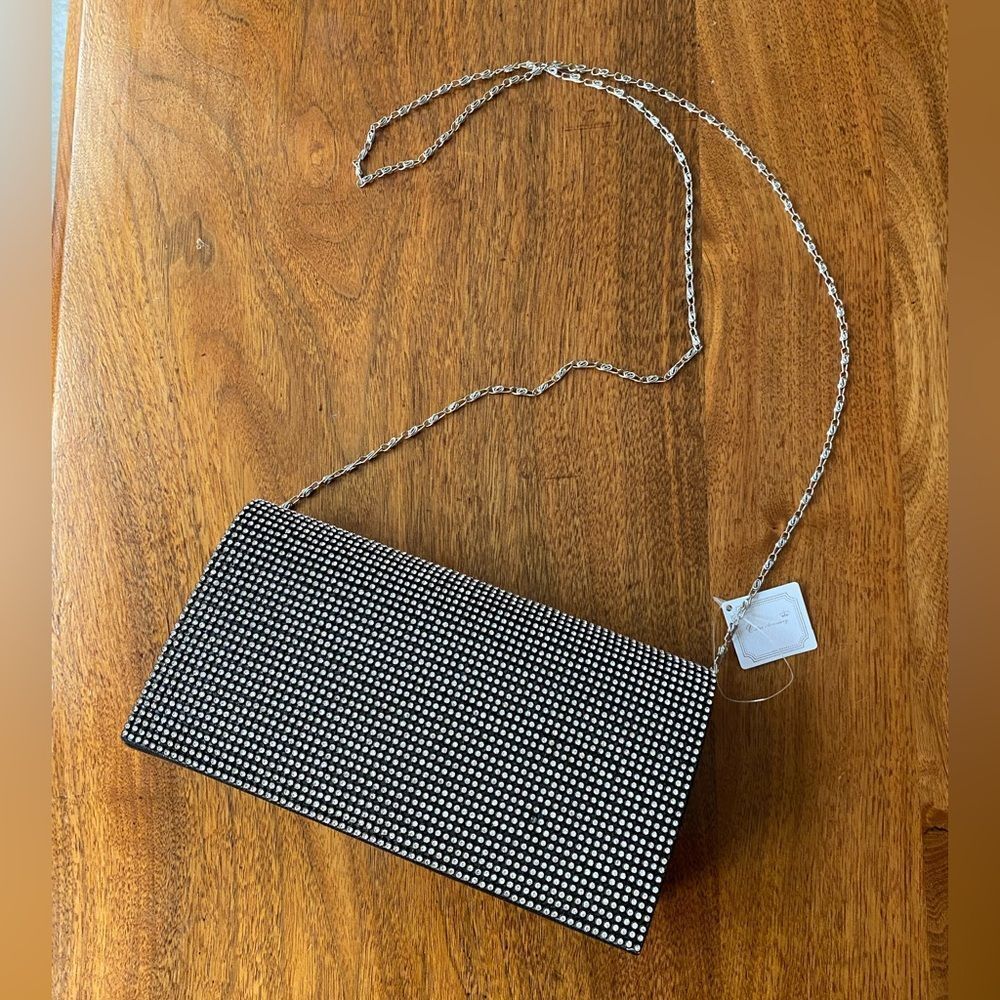 NWT Black and Silver Women's Rhinestone Clutch with Silver Chain Strap